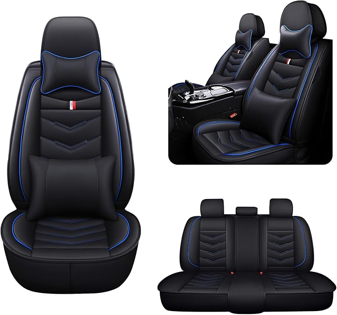 MVRVMV Luxury Car Seat Covers for Honda Pilot 2010-2026, Nappa Leather Auto Seat Cover with 2 Neck Pillows and 2 Lumbar Supports (5 Seat Luxury, Black-Blue)