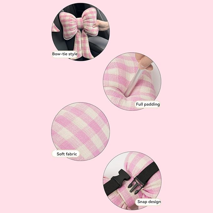 Car Accessories Plaid Bow Headrest Lumbar Pillow 4PCs Set Cotton Linen Elegant Soft Car Seat Cushions for Daily Commuting Trave (Black Plaid,headrest+Lumbar Pillow 2pcs)