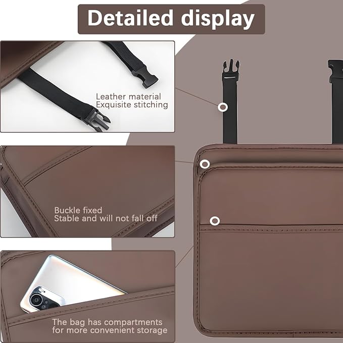 Car Seat Back Organizer, Leather Multipurpose Hanging Vehicle Backseat Headrest Storage Bag, Automotive Pouch Pocket Organizer for Kids & Adults, Universal for Truck SUV Sedan (White)