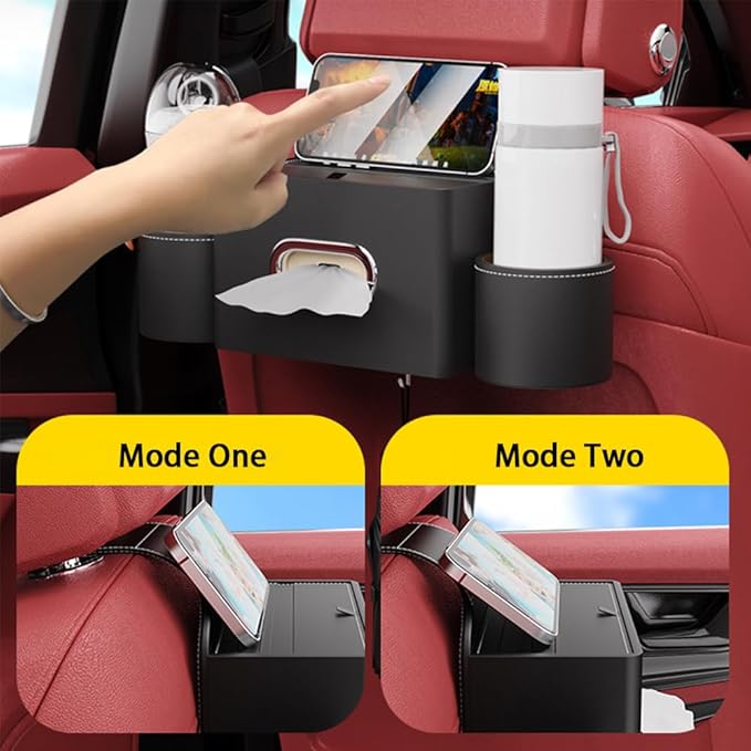 Seat Back Organizer, Full Leather Cover Tissue Case Headrest Storage Box with 2 Cup Holders and Hook Multi-functional Durable Back Seat Storage Tool for Family Travel and Kids Care Beige