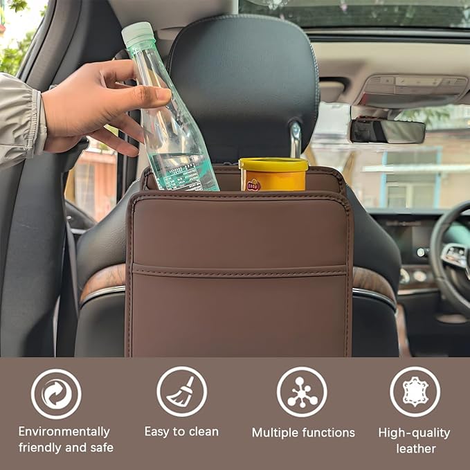 Car Seat Back Organizer, Leather Multipurpose Hanging Vehicle Backseat Headrest Storage Bag, Automotive Pouch Pocket Organizer for Kids & Adults, Universal for Truck SUV Sedan (Brown)