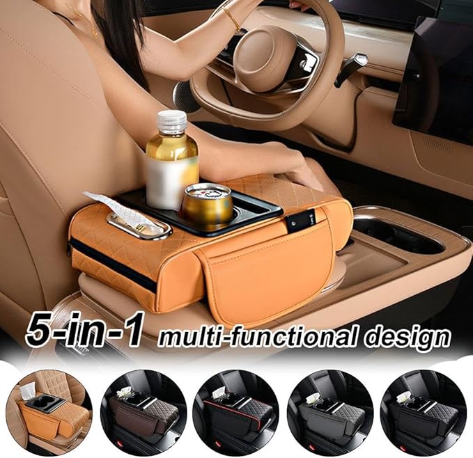 Multifunctional PU Leather Car Armrest Box Mat with Central Elbow,2026 New Universal Car Armrest Cover/Cushion/Organizer,5 in 1 Center Console Pad with Cup Holder,Fit for Most Cars, Suvs, Trucks