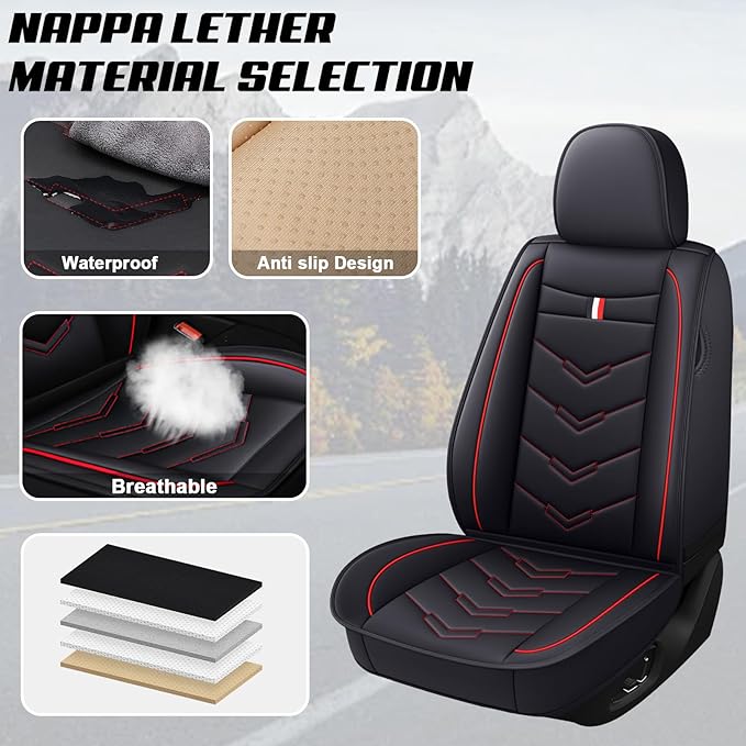 MVRVMV for Ford Maverick 2022-2026 Seat Covers, Waterproof Leather Seat Cover (5 Seat Standard,Black-Red)