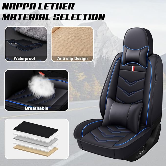 MVRVMV Seat Covers for Ford Expedition 2007-2026, Waterproof Leather Auto Seat Cover with 2* Neck Pillow and 2* Lumbar Support (5 Seat Luxury,Black-Blue)