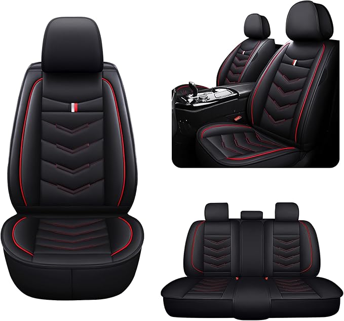 MVRVMV for Ford Mustang 2006-2026 Seat Covers, Waterproof Leather Seat Cover (5 Seat Standard,Black-Red)