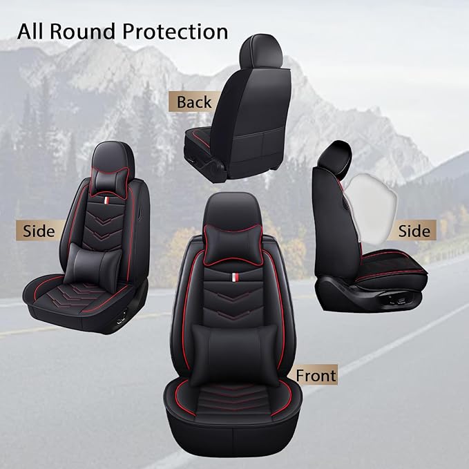 MVRVMV for Ford Expedition 2007-2026 Seat Covers, Waterproof Leather Seat Cover with 2* Neck Pillow and 2* Lumbar Support (2 Seat Luxury,Black-Red)