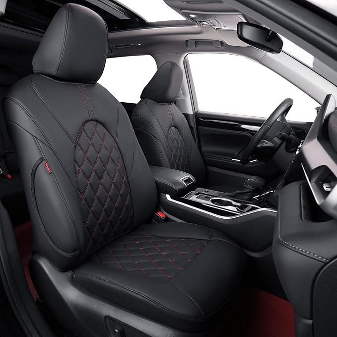 coverdream Full Set Customized Car Seat Covers Fit for 2014-2019 Toyota Highlander Hybrid LE,XLE,LE Plus,8-Passenger,Second Row 40/60 Split Seat,Fully Covered Leatherette Seat Protector (Black&Red)