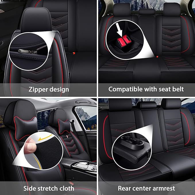 MVRVMV for Ford Edge 2007-2024 Seat Covers, Waterproof Leather Seat Cover with 2* Neck Pillow and 2* Lumbar Support (2 Seat Luxury,Black-Red)