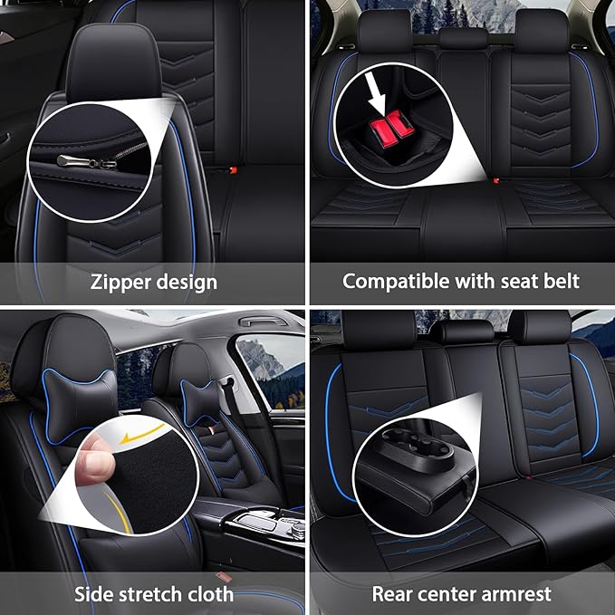 MVRVMV Luxury Car Seat Covers for Ford Explorer 2012-2026, Nappa Leather Auto Seat Cover with 2 Neck Pillows and 2 Lumbar Supports (5 Seat Luxury, Black-Blue)