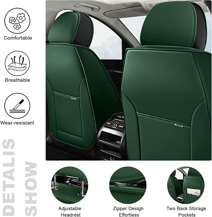AREKA 5 Car Seat Covers for Honda Civic 2002-2026 Breathable Leather,Waterproof Car Seat Protectors with Comfort Headrest Pillows,Automotive Vehicle Cushion with Storage Pockets (Luxury,Green)