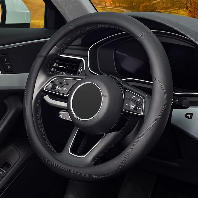 KAFEEK Black Steering Wheel Cover, Universal 15 inch, Microfiber Leather Black, Soft and Odorless, Durable Leather Cover with Anti-Slip Lining