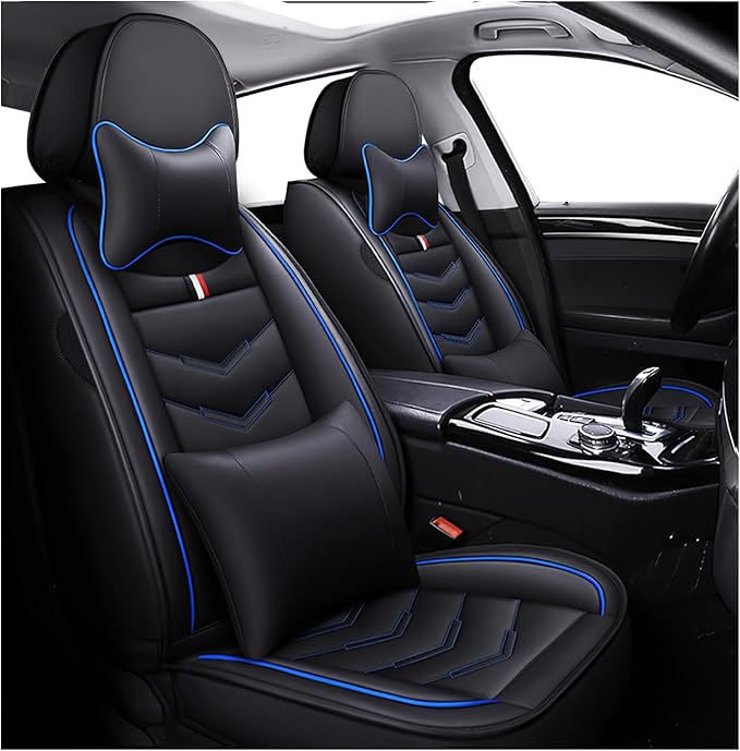 MVRVMV Seat Covers for Ford F-150 2010-2026, Waterproof Leather Auto Seat Cover with 2* Neck Pillow and 2* Lumbar Support (2 Seat Luxury,Black-Blue)