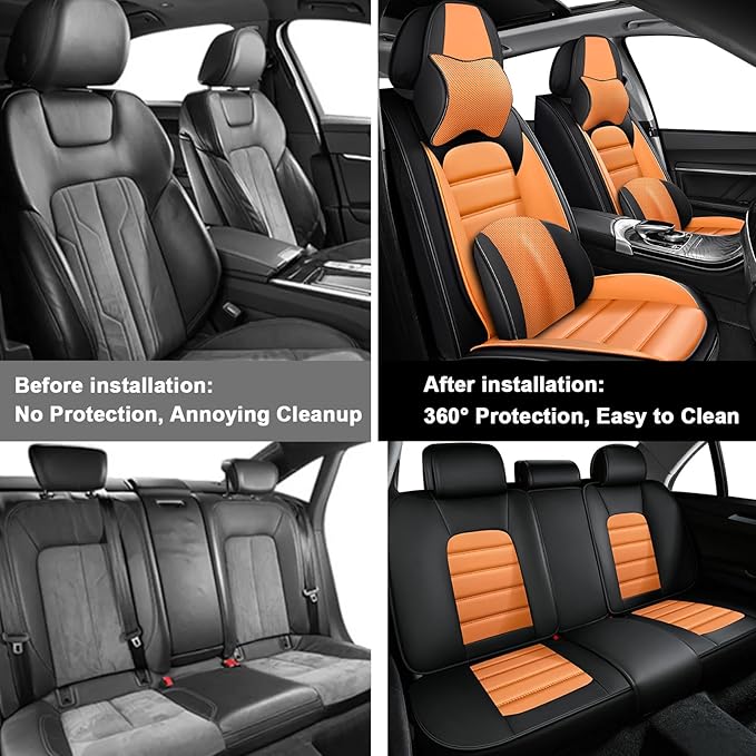 AREKA 5 Car Seat Covers for Honda Civic 2002-2026 Breathable Leather,Waterproof Car Seat Protectors with Comfort Headrest Pillows,Automotive Vehicle Cushion with Storage Pockets (Luxury,Orange)