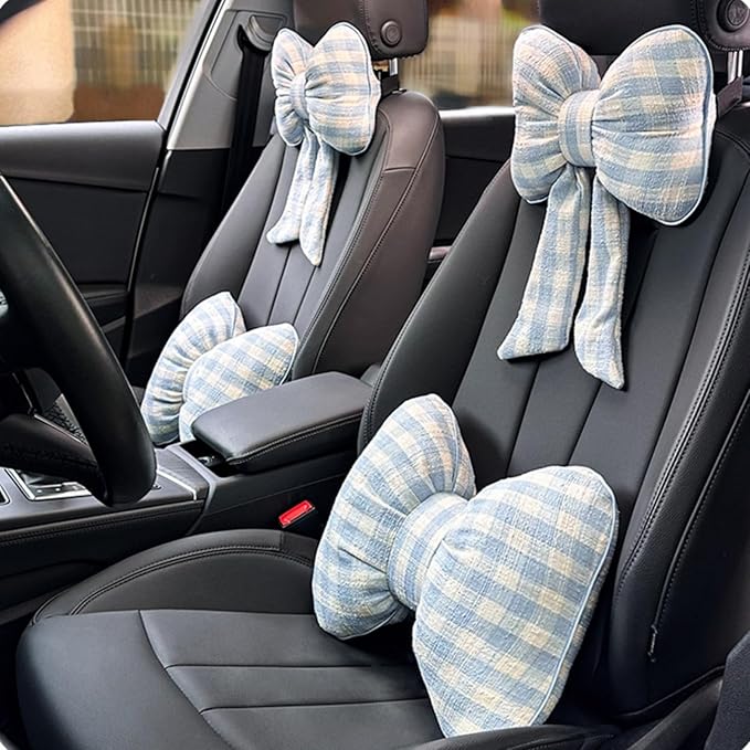Car Accessories Plaid Bow Headrest Lumbar Pillow 4PCs Set Cotton Linen Elegant Soft Car Seat Cushions for Daily Commuting Trave (Blue Plaid,4pcs)
