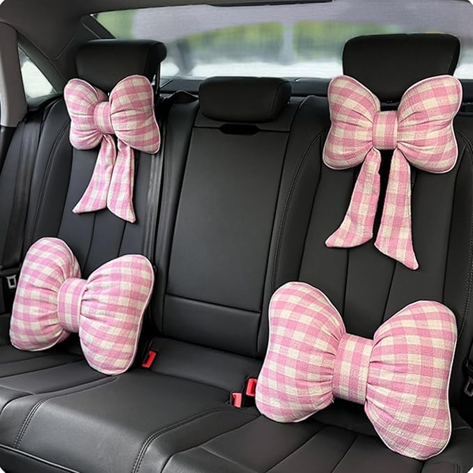 Car Accessories Plaid Bow Headrest Lumbar Pillow 4PCs Set Cotton Linen Elegant Soft Car Seat Cushions for Daily Commuting Trave (Pink Plaid,Lumbar Pillow 2pcs)