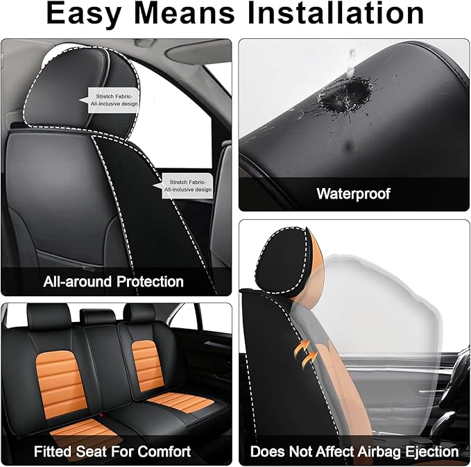 AREKA 2 Car Seat Covers for Honda Civic 2002-2026 Breathable Leather,Waterproof Car Seat Protectors with Comfort Headrest Pillows,Automotive Vehicle Cushion with Storage Pockets (Luxury,Orange)