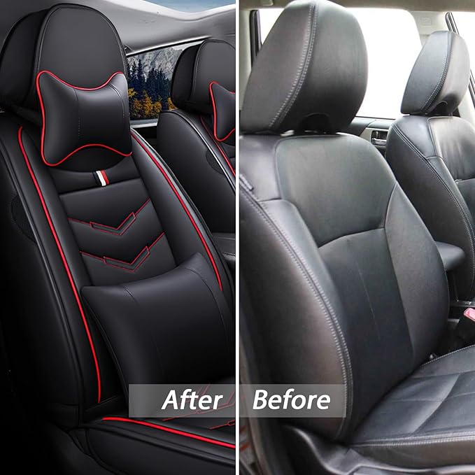 MVRVMV for Ford F-150 2010-2026 Seat Covers, Waterproof Leather Seat Cover with 2* Neck Pillow and 2* Lumbar Support (2 Seat Luxury,Black-Red)
