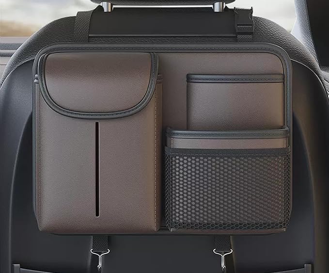 Premium Leather Car Seat Back Organizer with Cup and Tissue Holder, Multi-Pocket Storage with Adjustable Straps for SUVs, Trucks, Sedans (Brown)