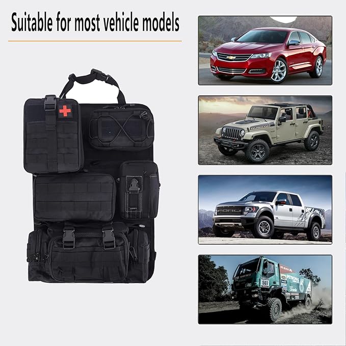 truck seat organizer and storage tactical car back seat back organizer with a Molle Vehicle Panel and 5 Different Size Molle Pouches for most models such as Jeep,SUV,Pickup (Black)