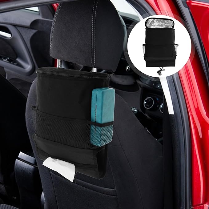 Car Seat Back Organizer with Insulated Cooler Bag and Storage Compartments, Hanging Multi-Functional Seat Back Storage for Travel and Backseat Organization