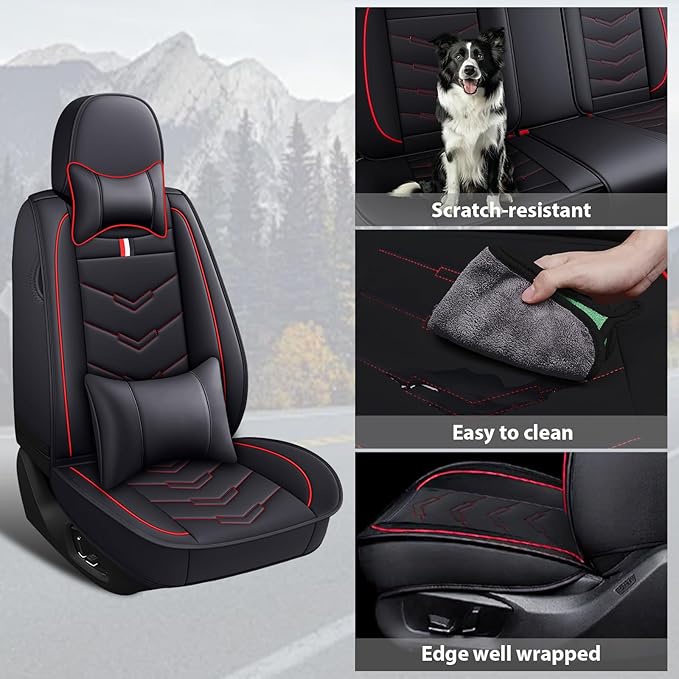 MVRVMV for Ford Maverick 2022-2026 Seat Covers, Waterproof Leather Seat Cover with 2* Neck Pillow and 2* Lumbar Support (2 Seat Luxury,Black-Red)