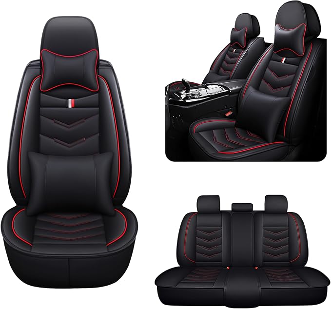 MVRVMV for Ford Bronco 2021-2026 Seat Covers, Waterproof Leather Seat Cover with 2* Neck Pillow and 2* Lumbar Support (5 Seat Luxury,Black-Red)