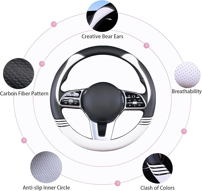Cute Steering Wheel Cover for Women Men Leather Universal 15 inch,Black and White