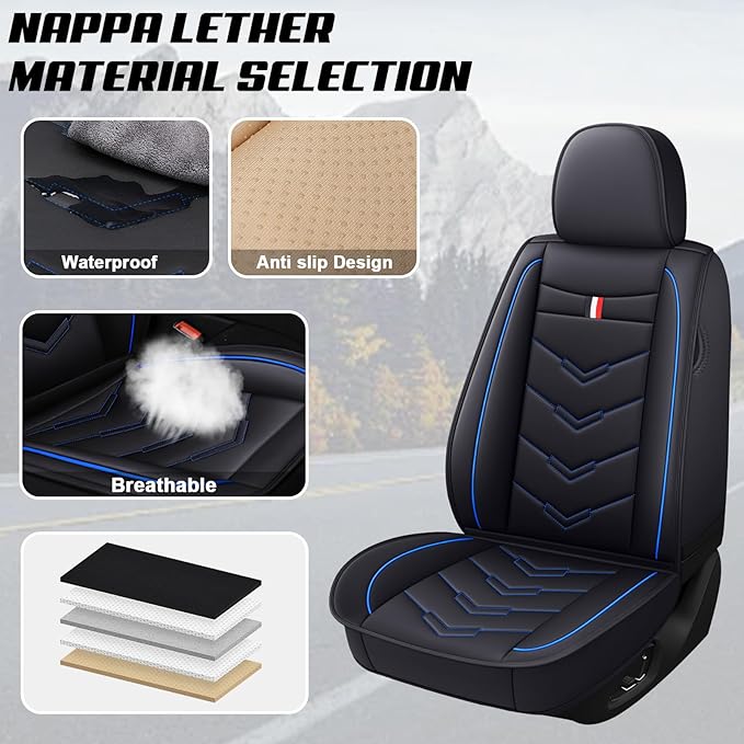 MVRVMV Seat Covers for Ford Maverick 2022-2026, Waterproof Leather Auto Seat Cover (2 Seat Standard,Black-Blue)