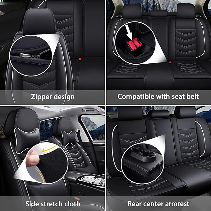 MVRVMV Luxury Car Seat Covers for Ford Explorer 2012-2026, Nappa Leather Auto Seat Cover with 2 Neck Pillows and 2 Lumbar Supports (2 Seat Luxury, Black-White)