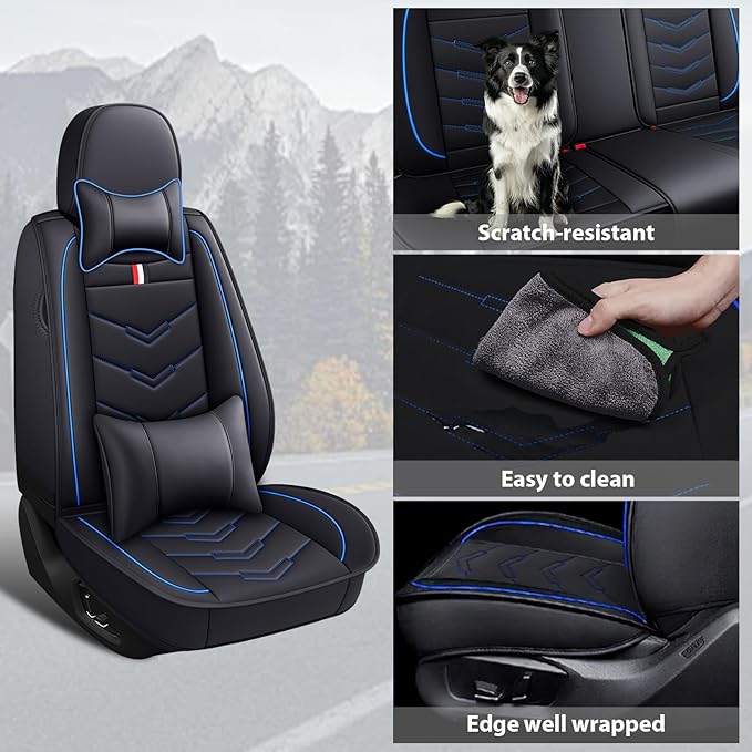 MVRVMV Luxury Car Seat Covers for Honda Pilot 2010-2026, Nappa Leather Auto Seat Cover with 2 Neck Pillows and 2 Lumbar Supports (5 Seat Luxury, Black-Blue)