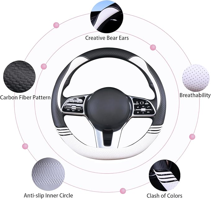 Cute Steering Wheel Cover D Shape for Women Men Breathable Universal 15 inch,Black and White