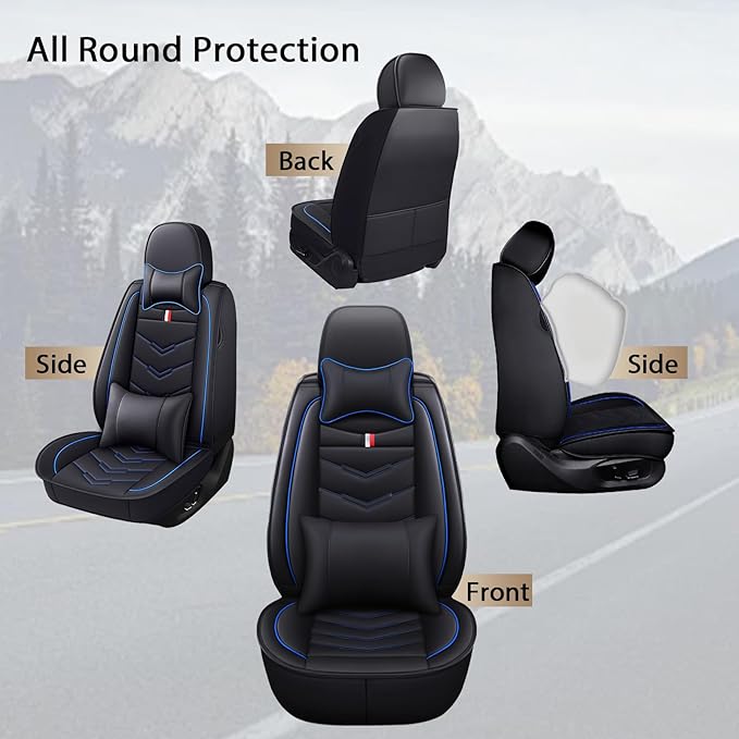 MVRVMV Seat Covers for Ford Expedition 2007-2026, Waterproof Leather Auto Seat Cover with 2* Neck Pillow and 2* Lumbar Support (2 Seat Luxury,Black-Blue)