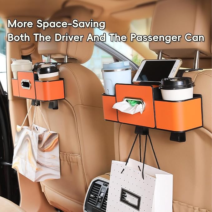 Geshus Backseat Organizers Hanging Storage, Car Seat Back Organizer With Tissue Holder, For Hold Phone,Drinks,Handbag,Compatible With Most Vehicles (Beige)