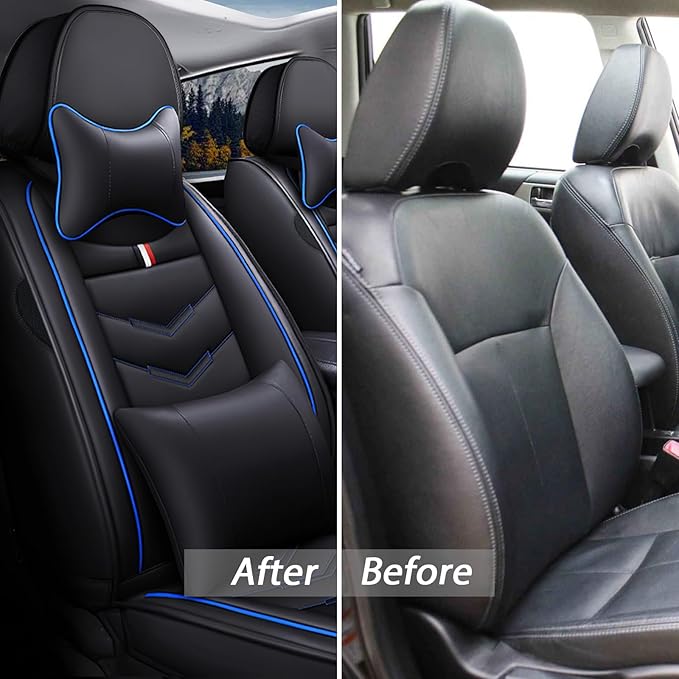 MVRVMV Seat Covers for Ford Maverick 2022-2026, Waterproof Leather Auto Seat Cover with 2* Neck Pillow and 2* Lumbar Support (2 Seat Luxury,Black-Blue)