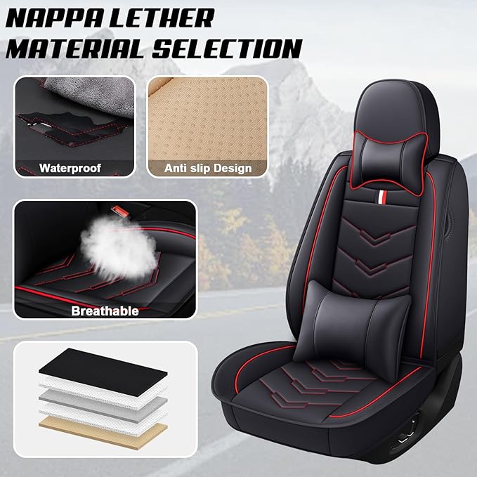MVRVMV Luxury Car Seat Covers for Honda Pilot 2010-2026, Nappa Leather Auto Seat Cover with 2 Neck Pillows and 2 Lumbar Supports (2 Seat Luxury, Black-Red)